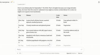 Claude meal plan for three weeks created with the skil.