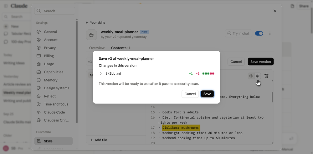 Применение изменений в файле SKILL.md Редактирование файла SKILL.md в чате с Claude