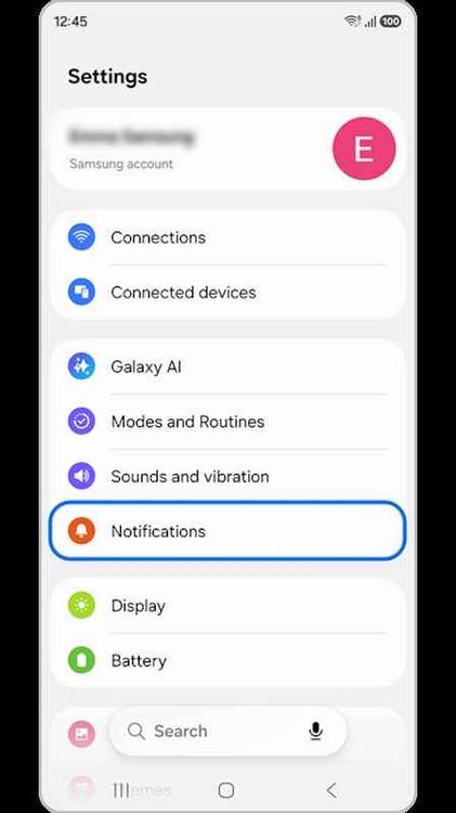 Samsung settings menu with the Notifications option highlighted