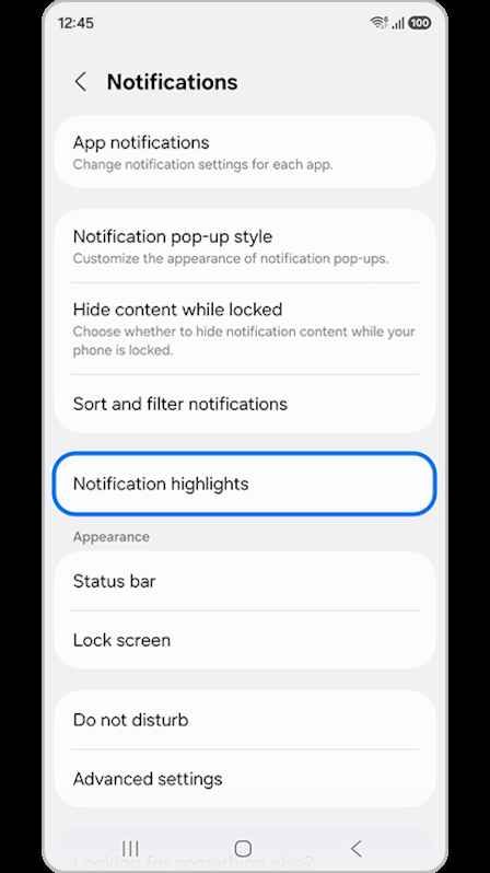 Samsung notifications menu with the Notification highlights option highlighted