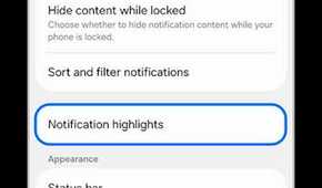 Samsung notifications menu with the Notification highlights option highlighted