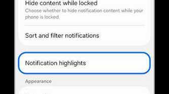 Samsung notifications menu with the Notification highlights option highlighted
