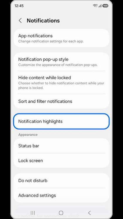 Samsung notifications menu with the Notification highlights option highlighted