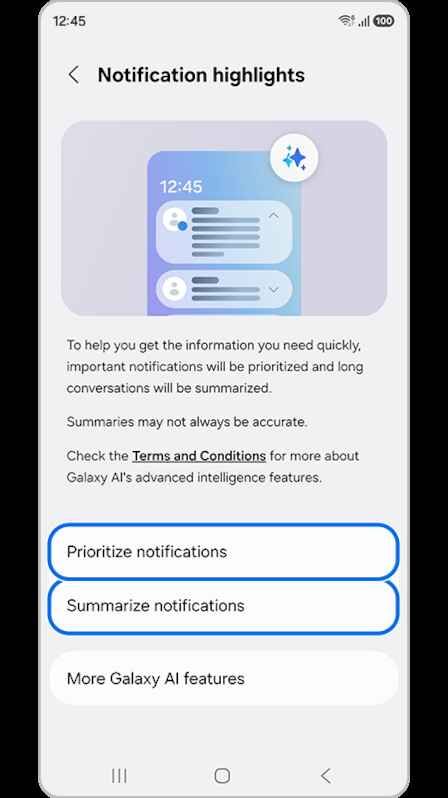 Notification highlights screen showing Prioritize notifications and Summarize notifications options