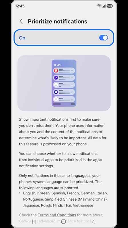 Prioritize notifications settings screen toggled on