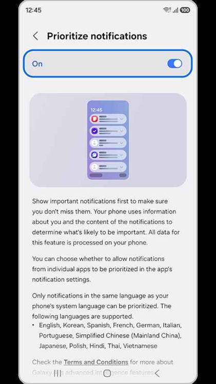 Prioritize notifications settings screen toggled on