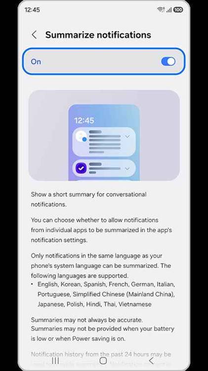 Summarize notifications settings screen toggled on