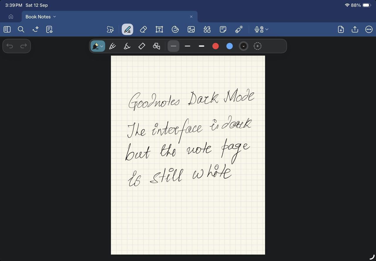 Goodnotes dark mode with the interface dark but the note page still white.