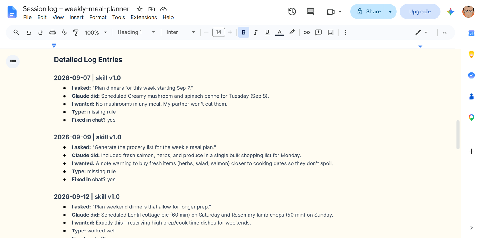 A Google Doc log recording skipped meals, missing ingredients, and leftover notes from each week's meal plan.