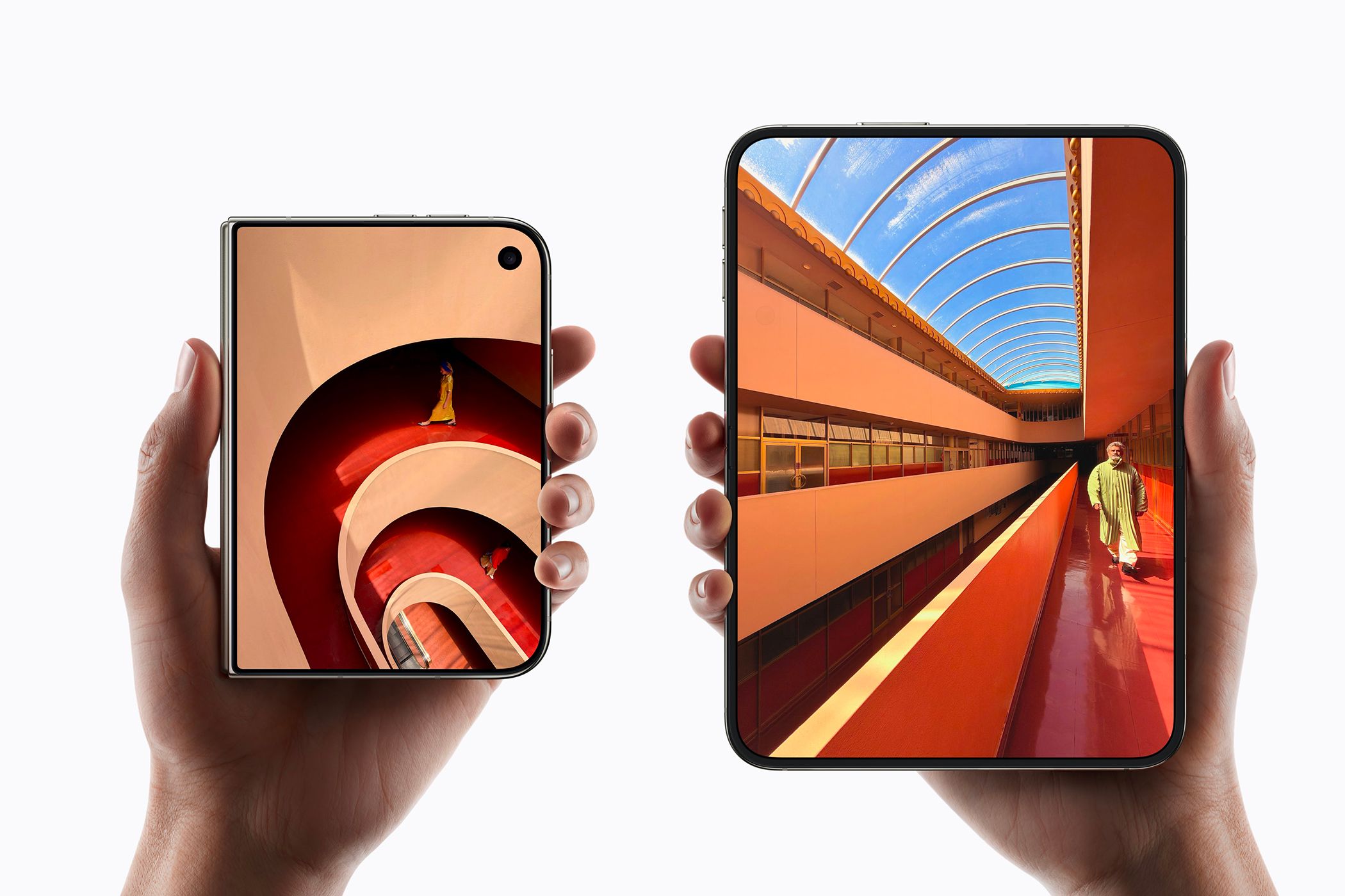 Two hands holding the iPhone Duo both open and closed.