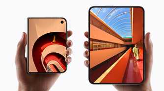 Two hands holding the iPhone Duo both open and closed.