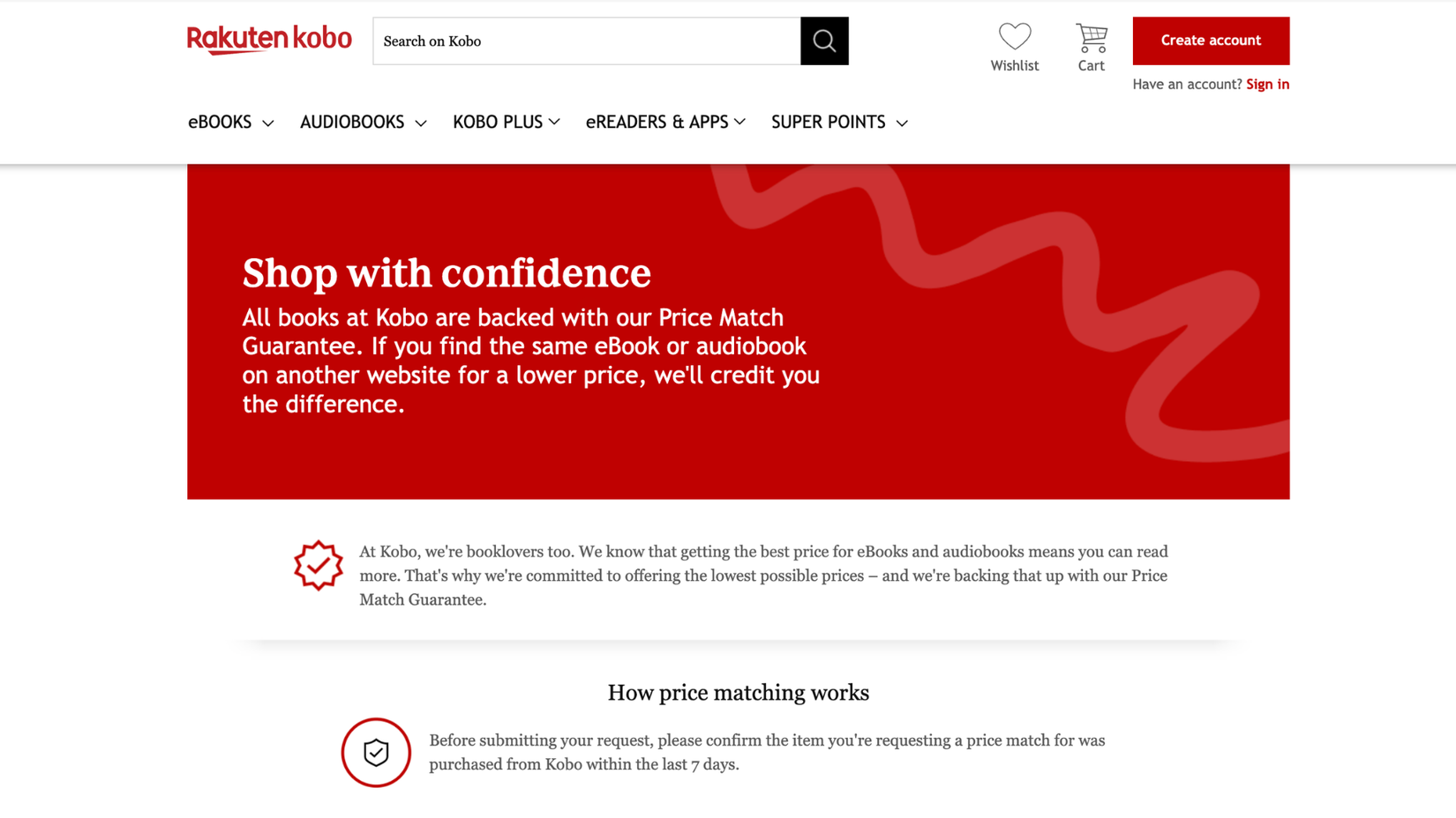 A Rakuten Kobo webpage explaining their Price Match Guarantee policy for eBooks and audiobooks
