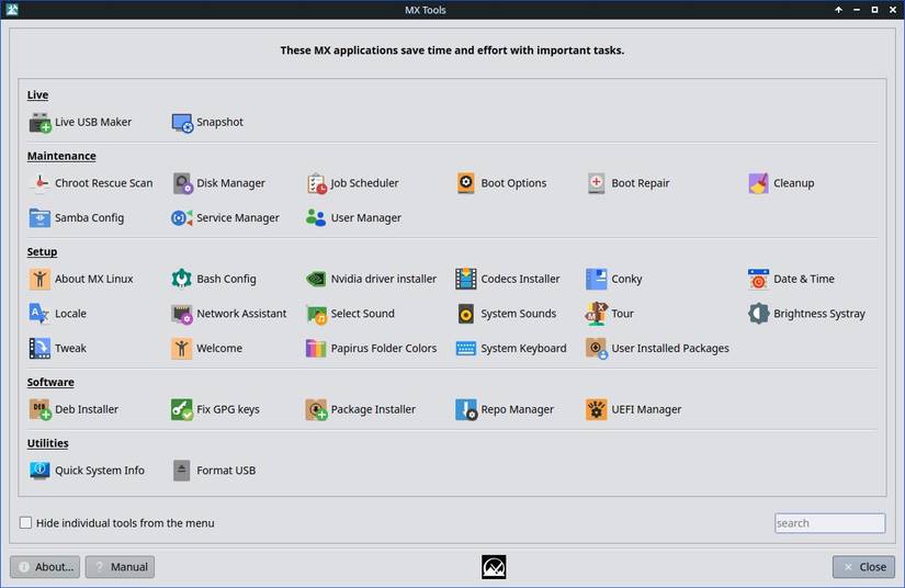 MX Tools application menu and system utilities.
