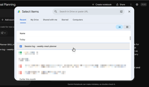 Google Drive picker in NotebookLM selecting the meal-planning log document.
