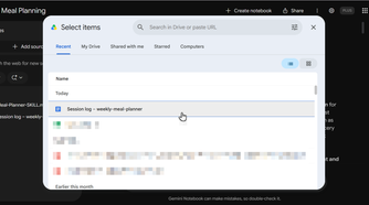 Google Drive picker in NotebookLM selecting the meal-planning log document.