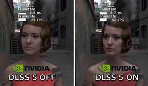 NVIDIA DLSS 5 comparison in Cyberpunk 2077 showing a character's face