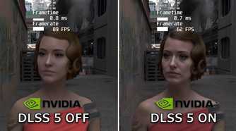 NVIDIA DLSS 5 comparison in Cyberpunk 2077 showing a character's face