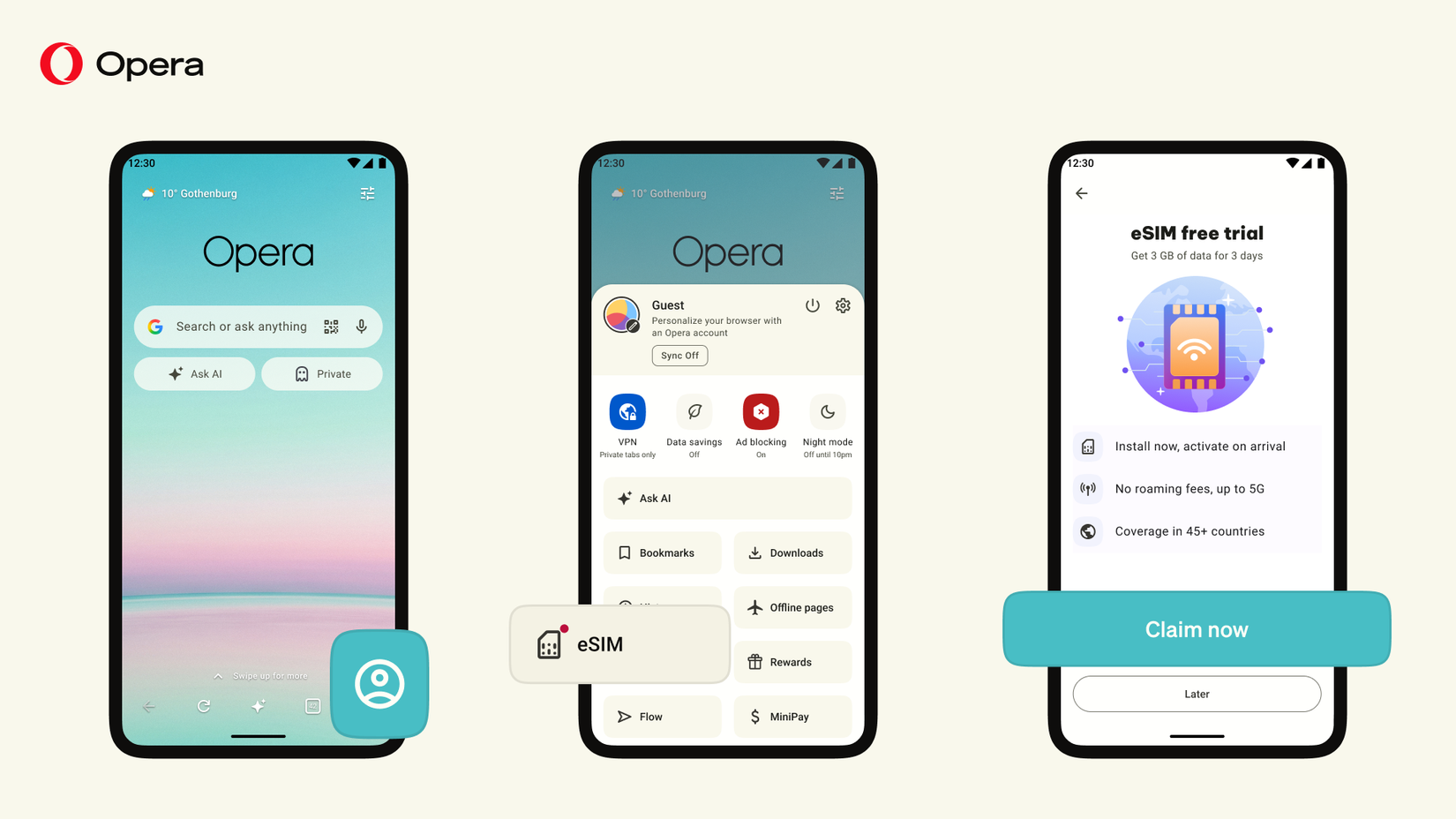 Tres pantallas de teléfonos móviles que muestran la interfaz del navegador Opera, las opciones del menú de eSIM y una pantalla de reclamo de prueba gratuita