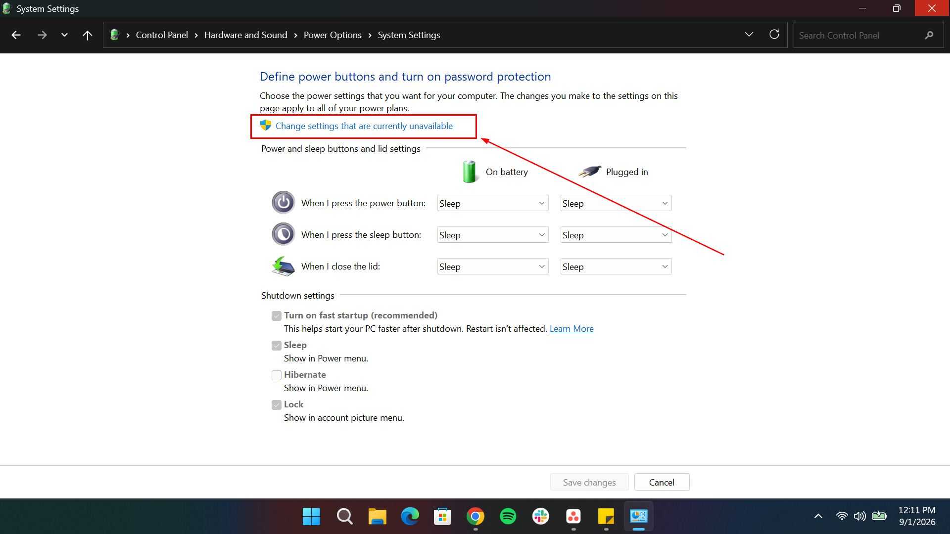 Power options settings in Windows control panel