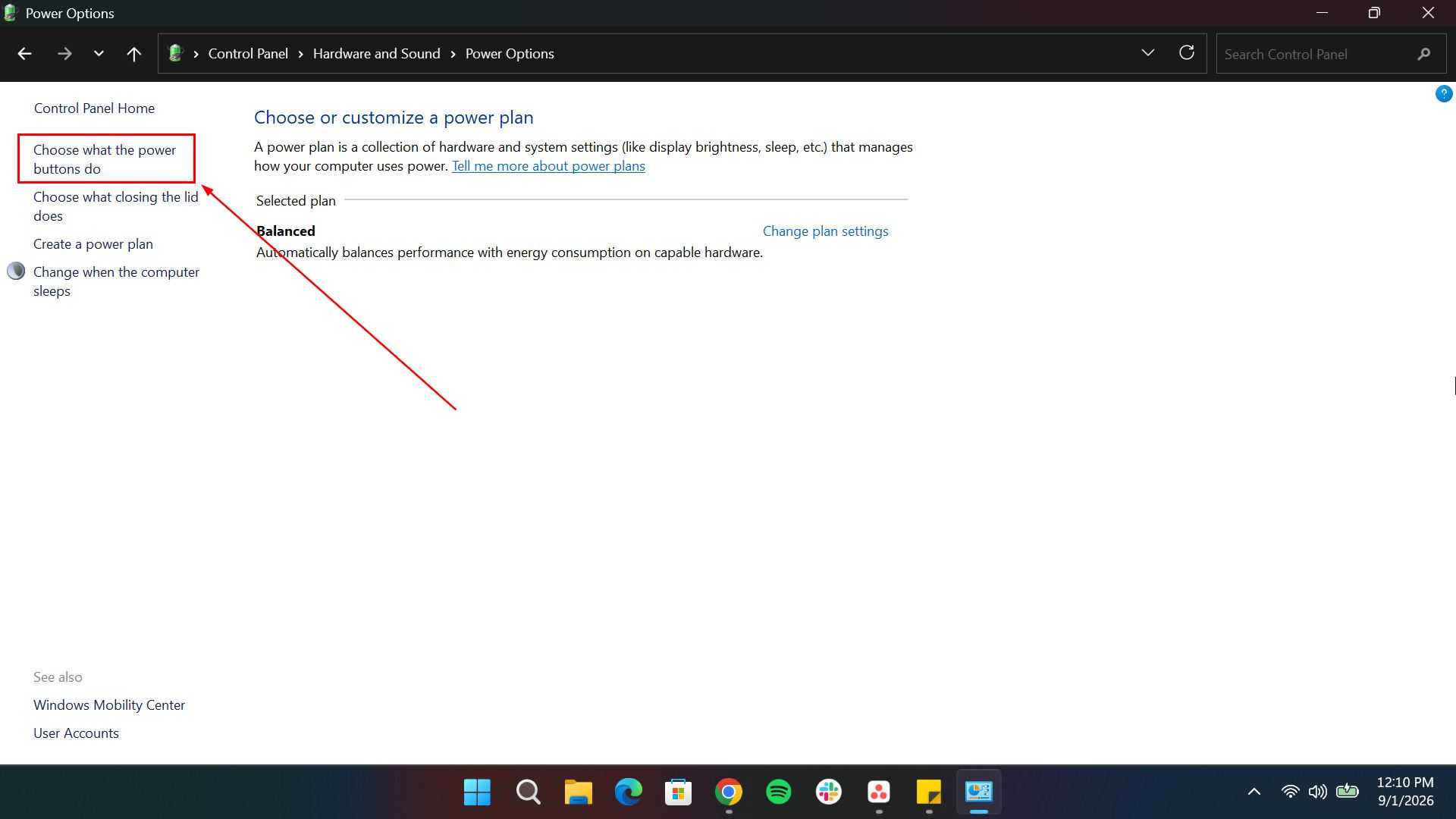 Selecting Choose what the power buttons do in Windows Control Panel
