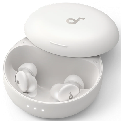 The Soundcore Sleep A30 earbuds in a transparent earbuds.