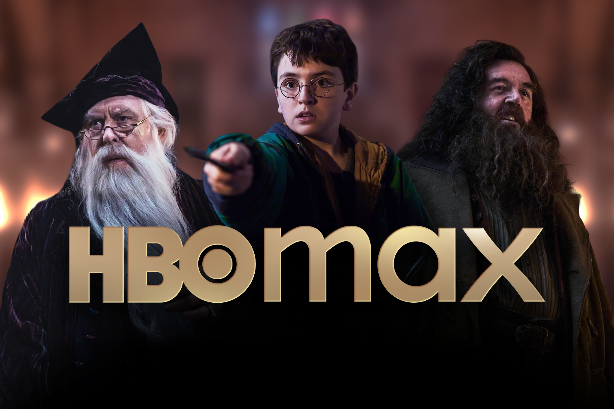 Three Harry Potter characters behind the HBO Max logo.