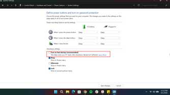 Turning off fast startup in Windows control panel