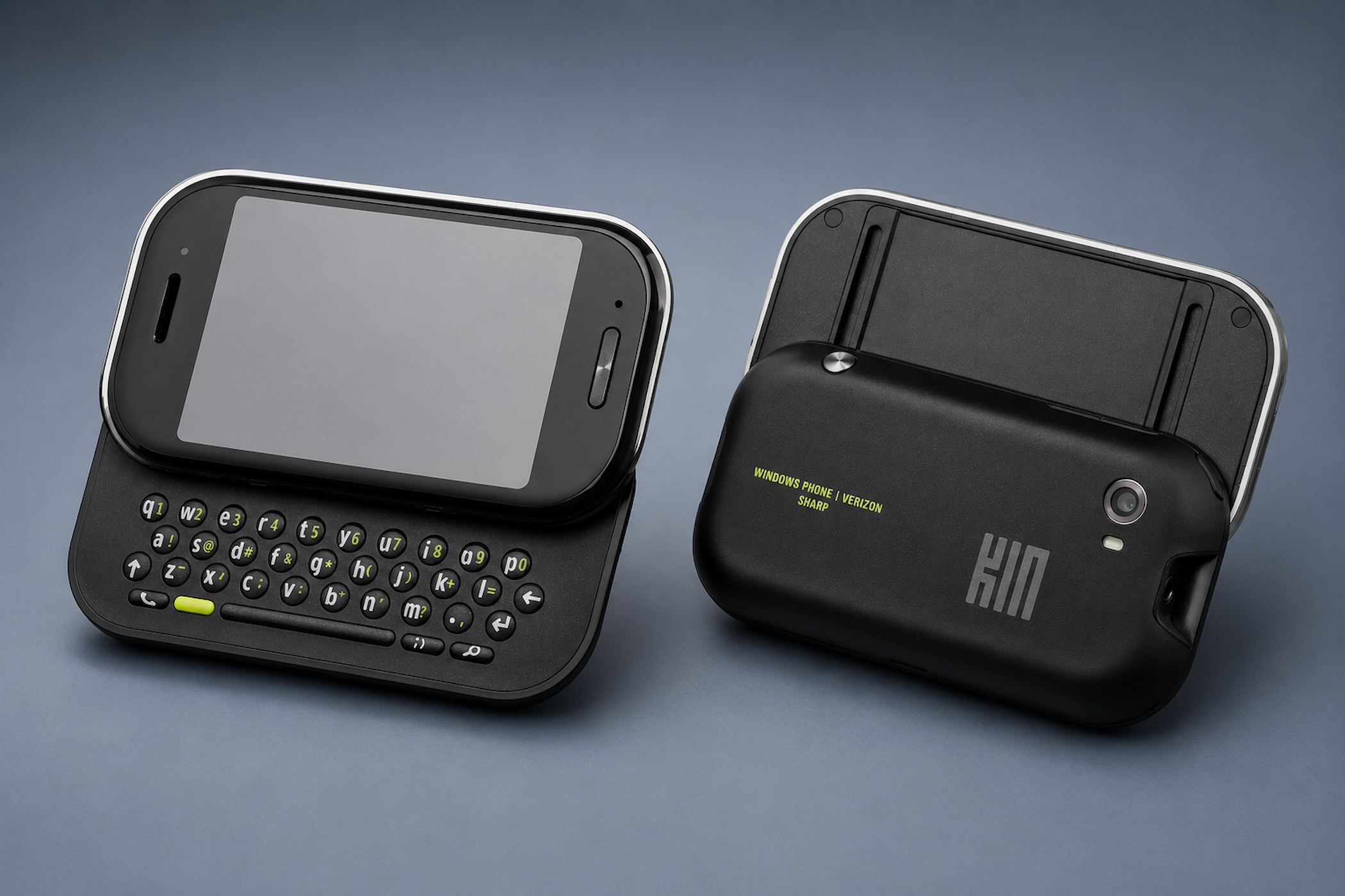Two Microsoft Kin Two smartphones showing keyboard and back.