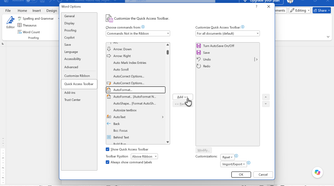 AutoFormat command highlighted in the list of commands not on the ribbon.