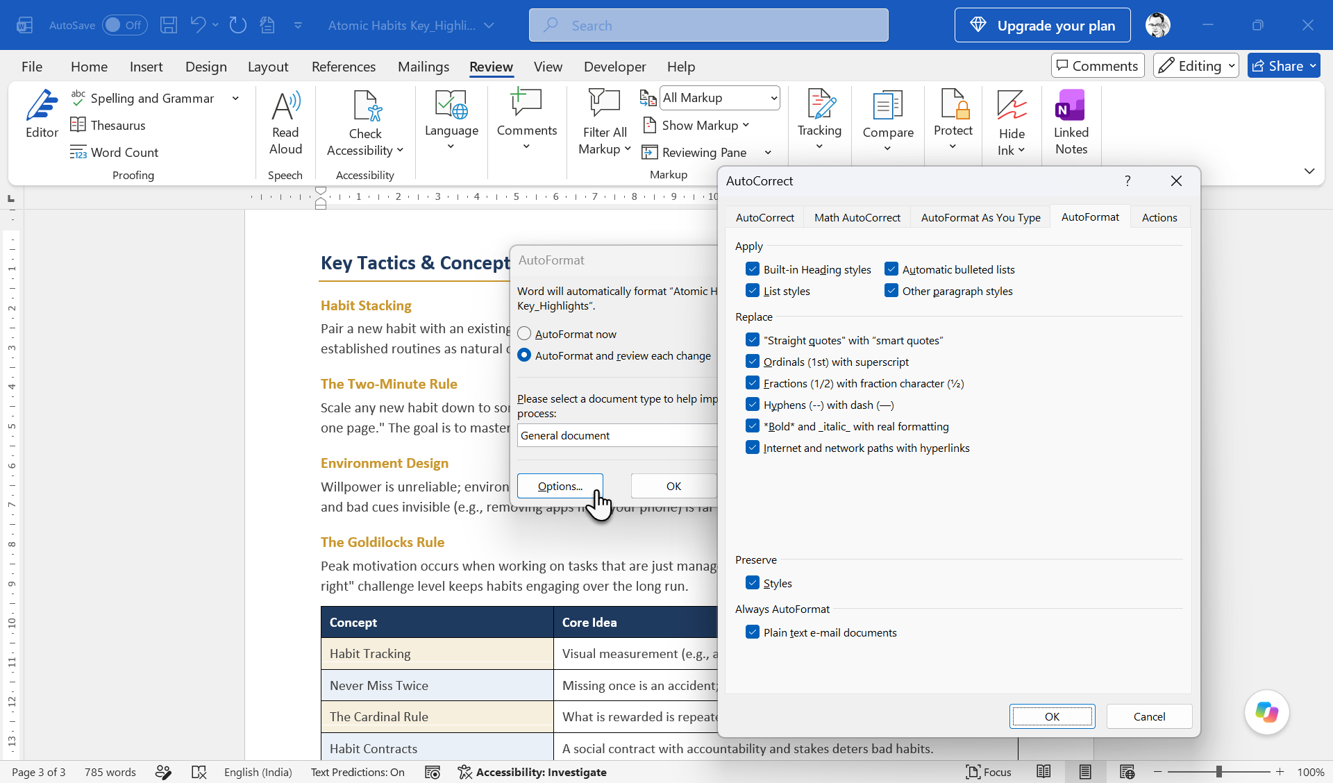 AutoFormat dialog box with all AutoCorrect options next to it.