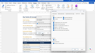 AutoFormat dialog box with all AutoCorrect options next to it.
