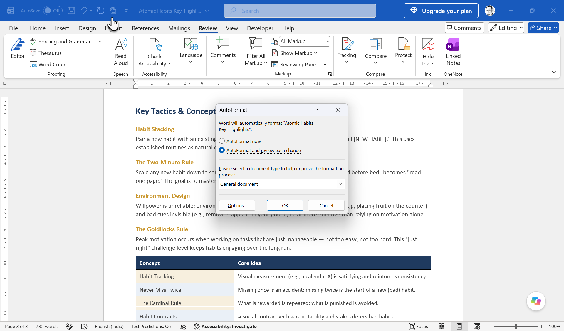 AutoFormat dialog box showing the option to review changes before applying them.
