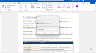 AutoFormat dialog box showing the option to review changes before applying them.