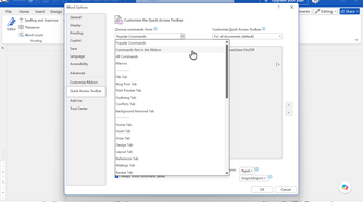 Selecting Commands Not in the Ribbon from the dropdown in Word Options.