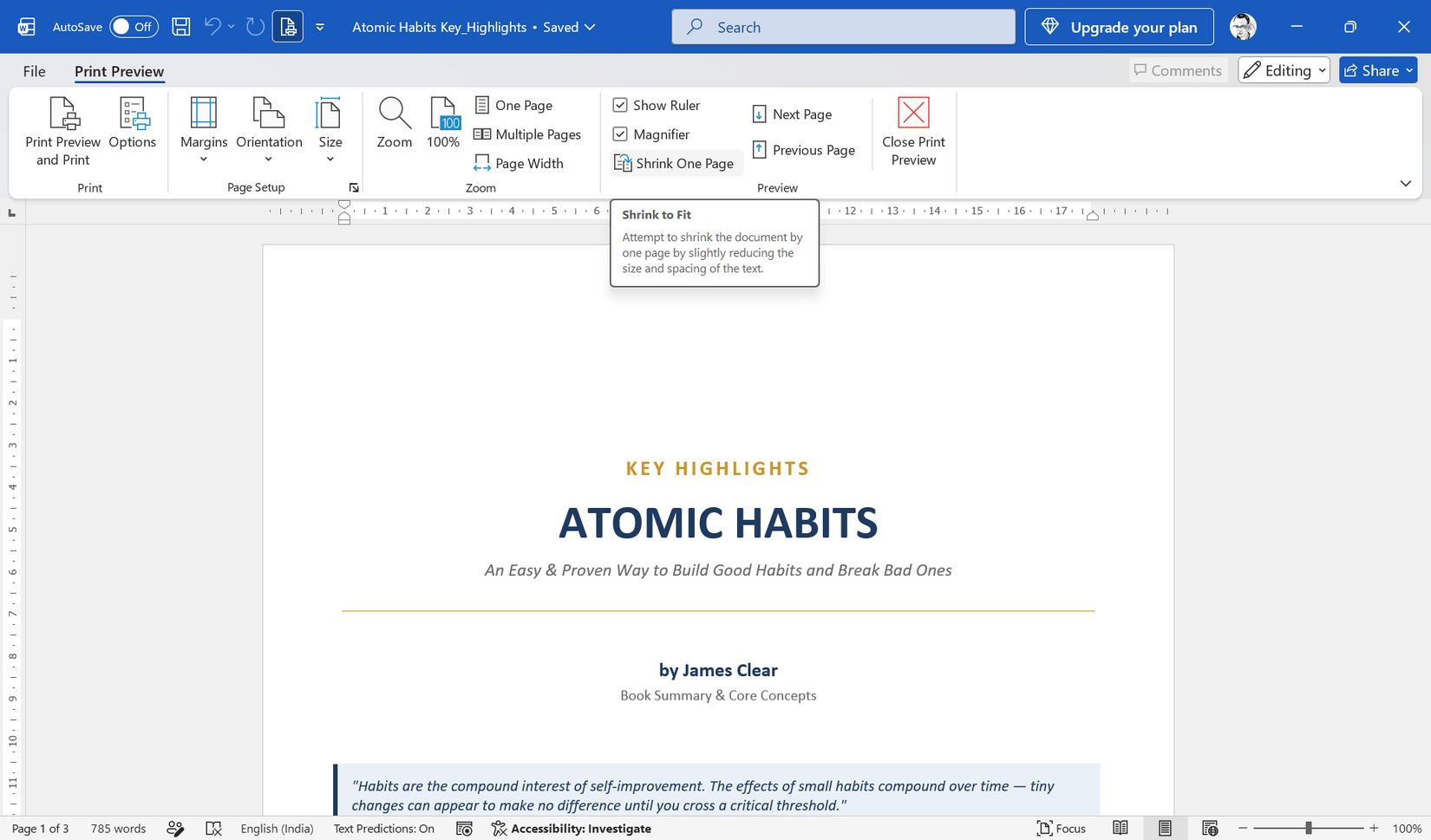 Word's full-screen Print Preview Edit Mode with the Shrink One Page button highlighted.