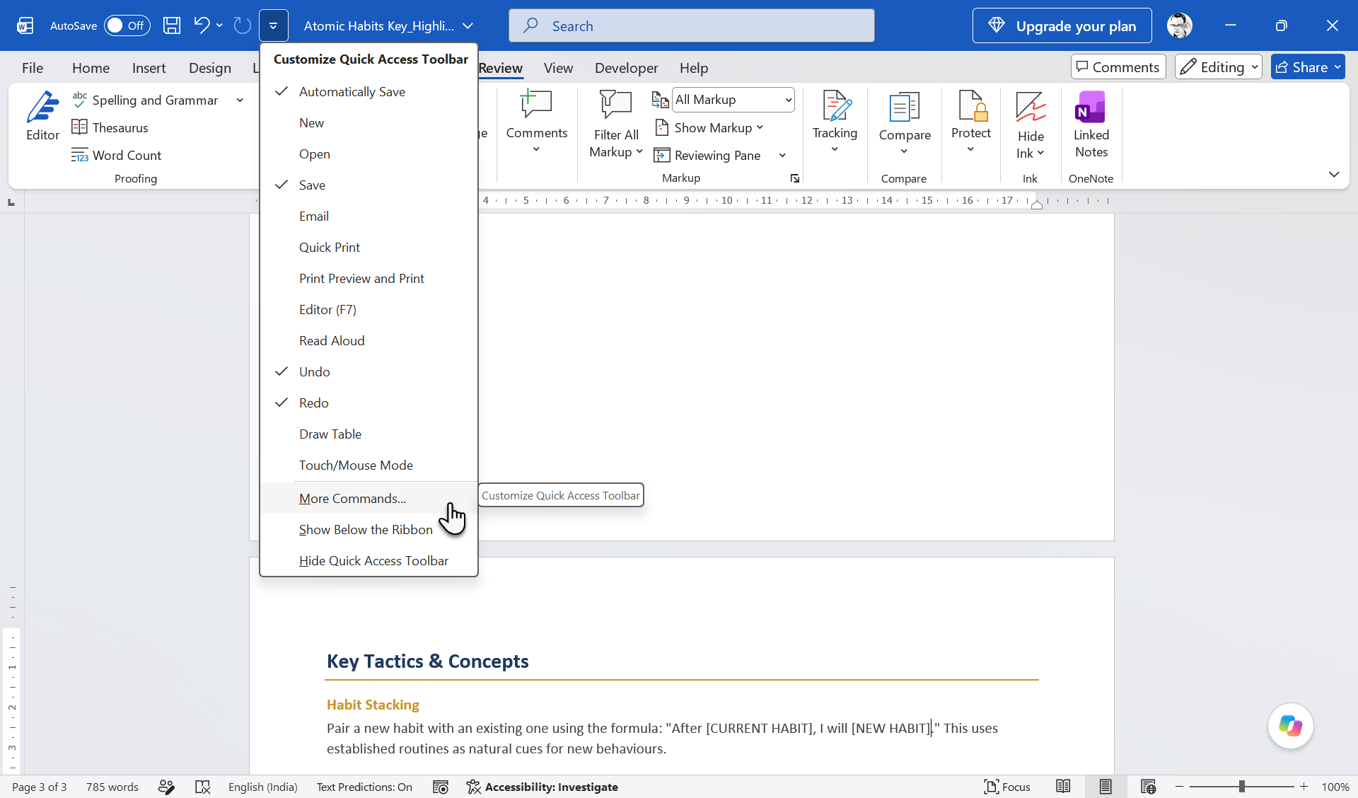 Opening the Customize Quick Access Toolbar menu in Word.