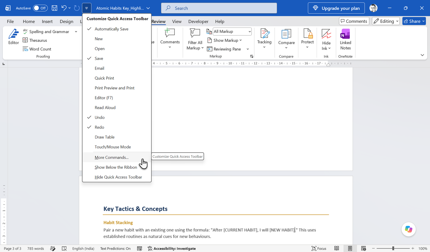 Opening the Customize Quick Access Toolbar menu in Word.
