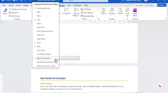 Opening the Customize Quick Access Toolbar menu in Word.