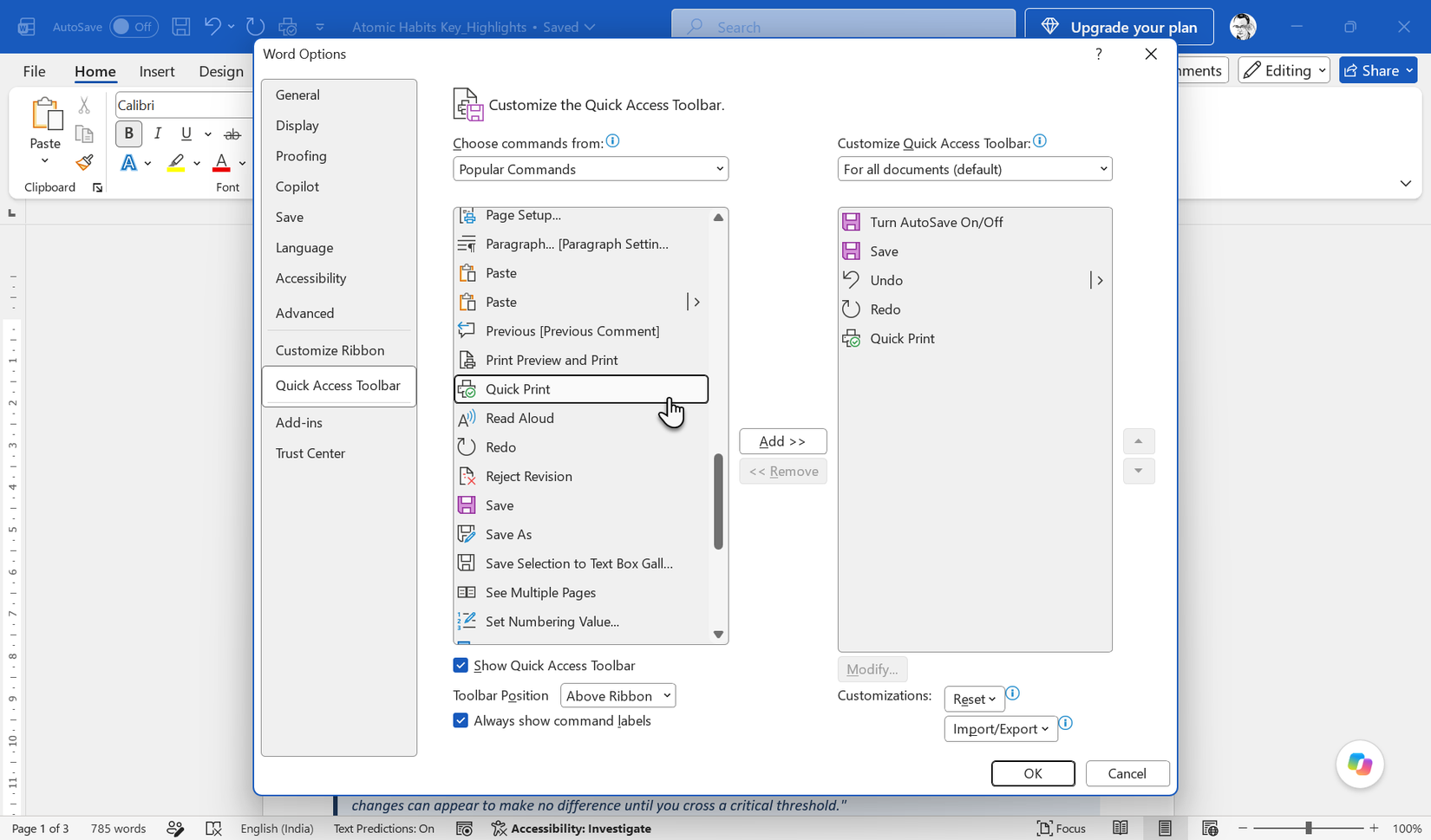 Quick Print button added to Word's Quick Access Toolbar for one-click printing.