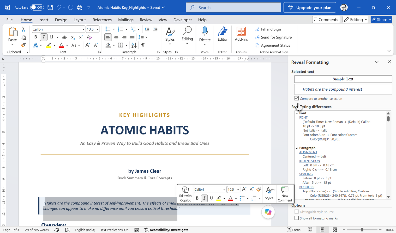 Reveal Formatting pane in Word showing font and spacing details with Compare to another selection enabled.