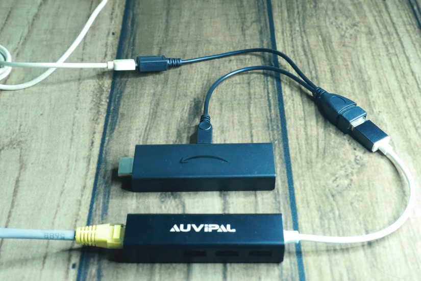 Fire TV Stick connected to USB OTG and Ethernet adapter