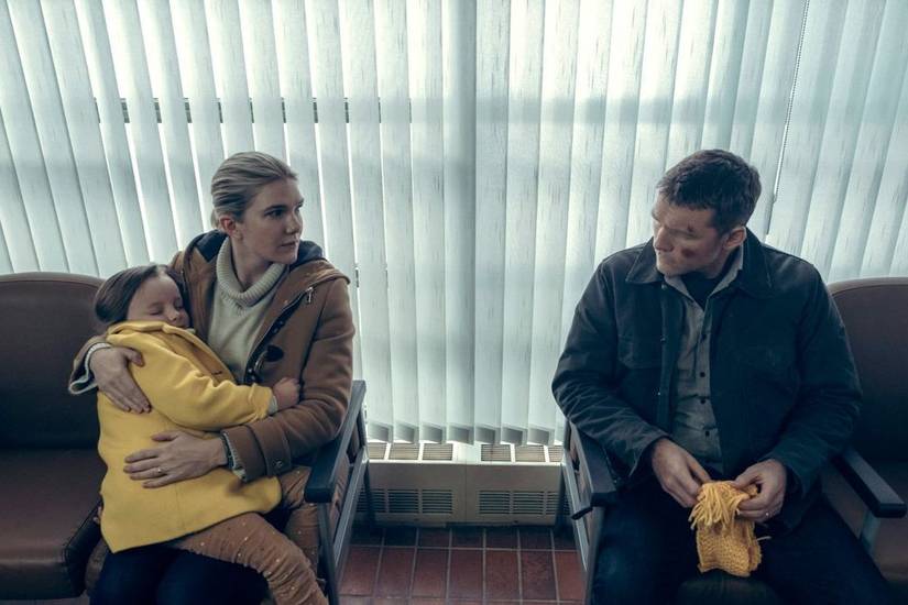Fractured characters sitting in  a waiting area
