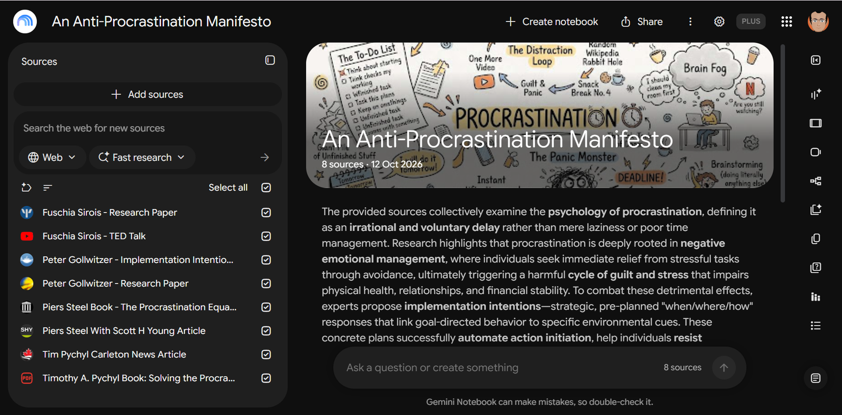Gemini Notebook showing research sources on procrastination from four experts.