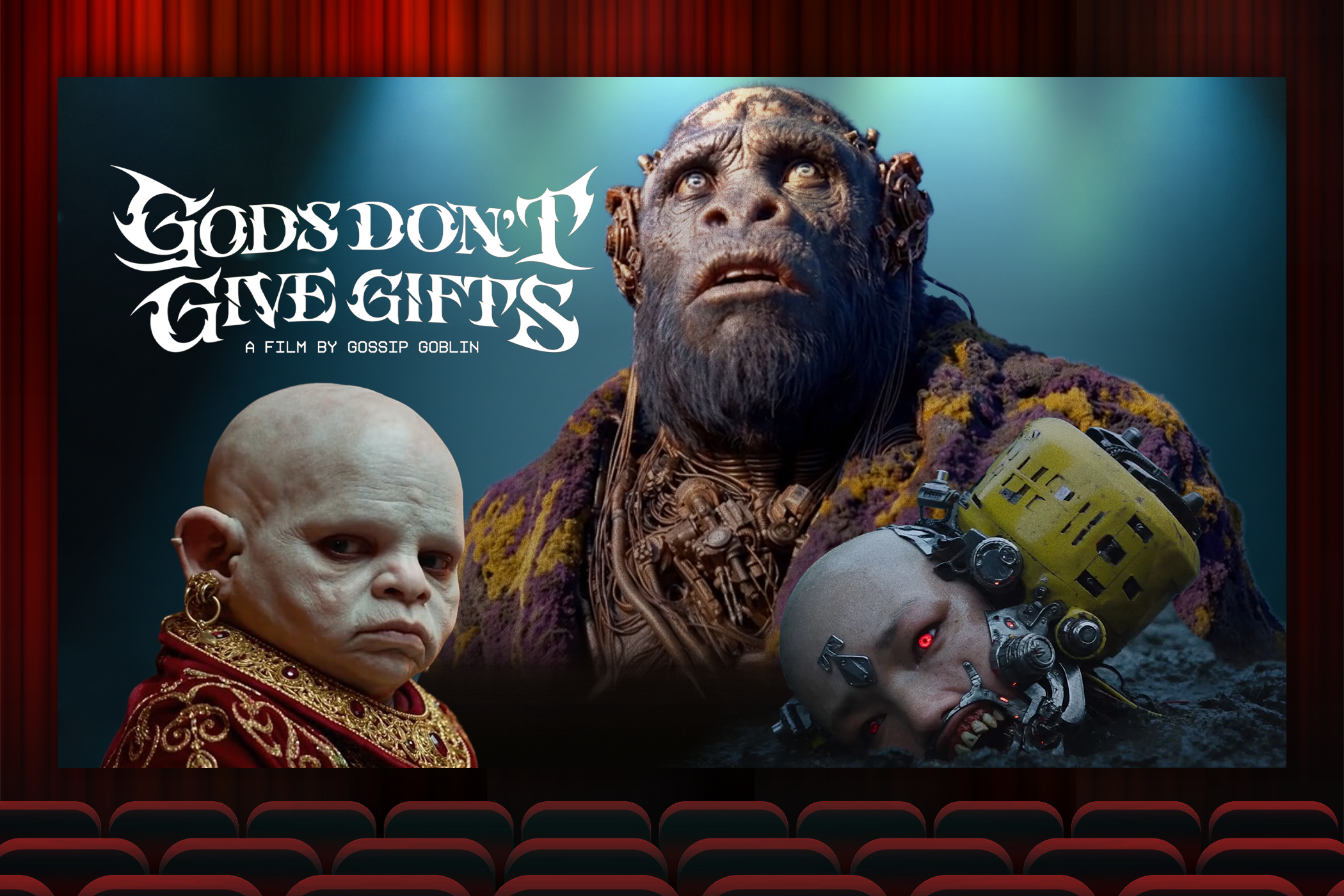 Gods Don’t Give Gifts characters displayed on a movie theater screen.