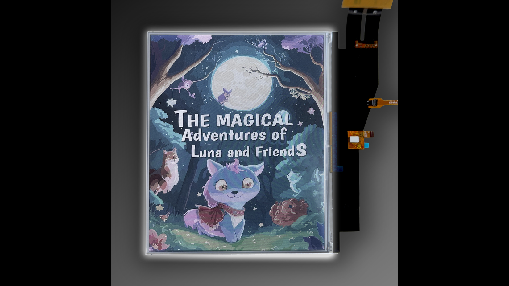 A colorful e-paper display module showing an illustrated book cover titled 'The Magical Adventures of Luna and Friends'