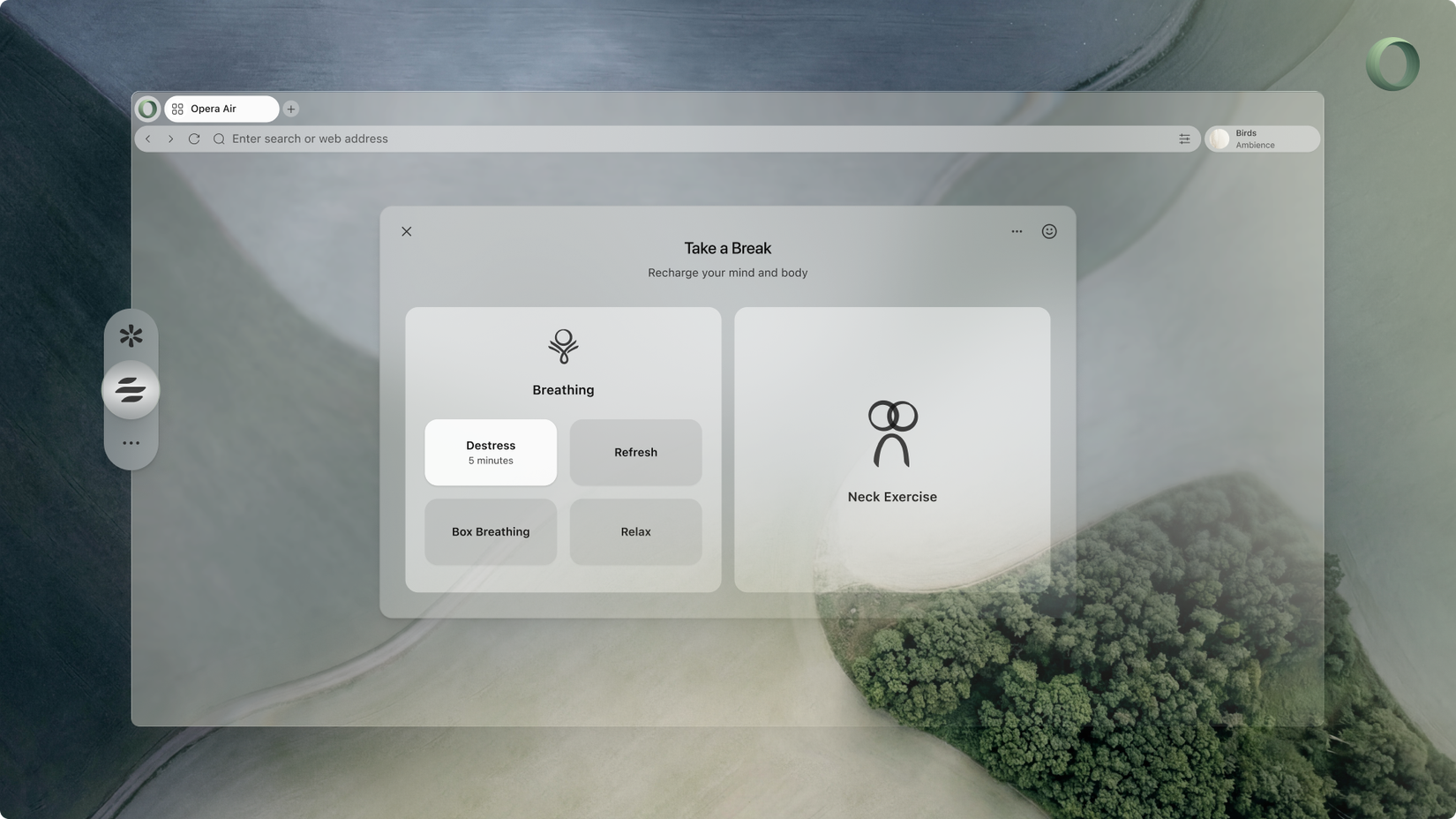 The Opera Air browser interface showing a 'Take a Break' wellness overlay with options for guided breathing and neck exercises.