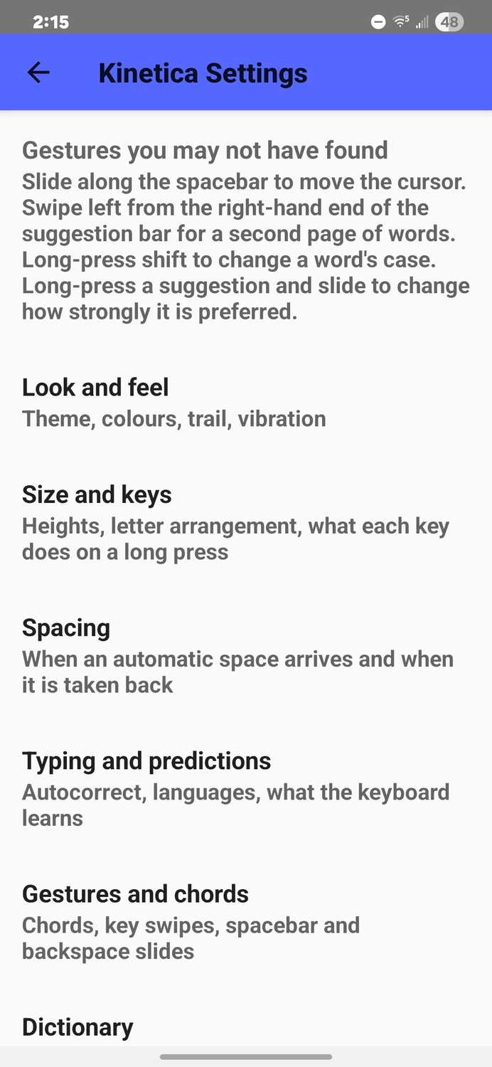 kinetica keyboard main settings