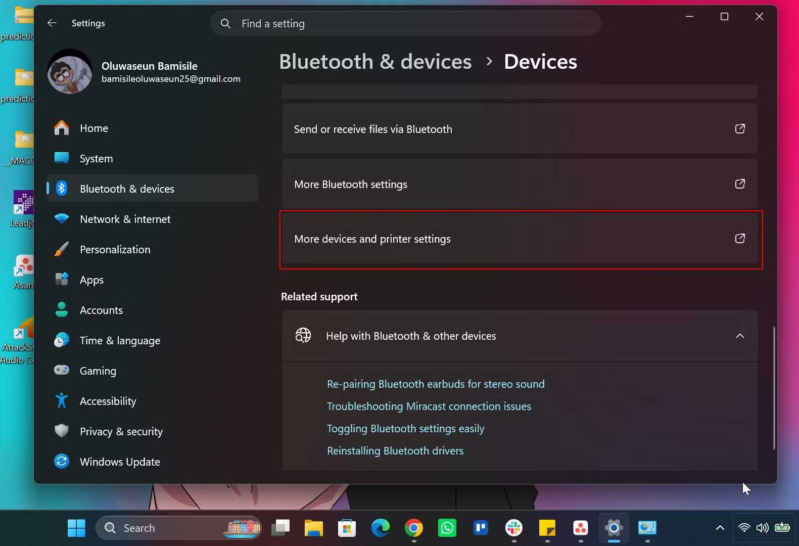 Selecting More devices and printer settings in Windows 11 settings