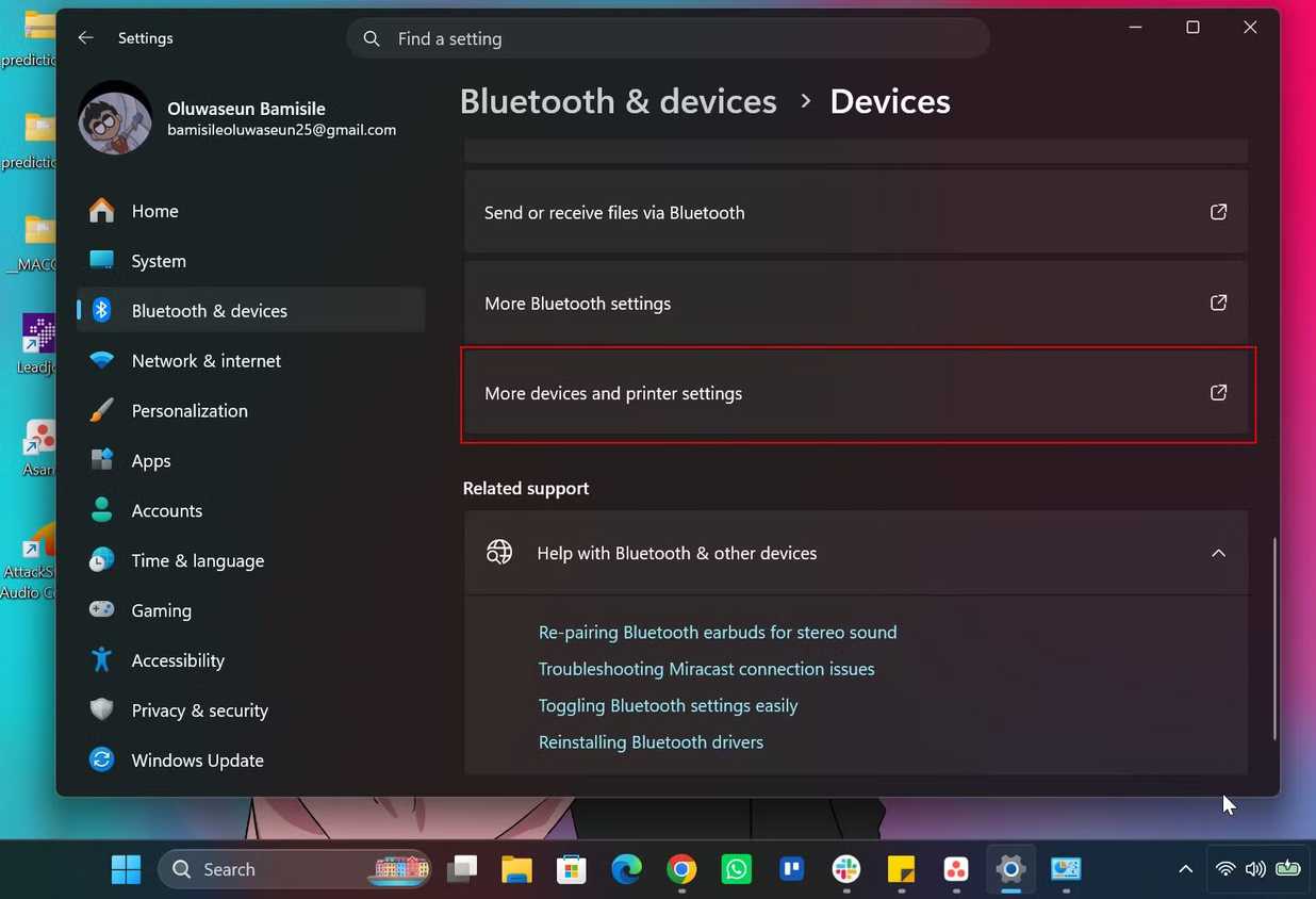 Selecting More devices and printer settings in Windows 11 settings