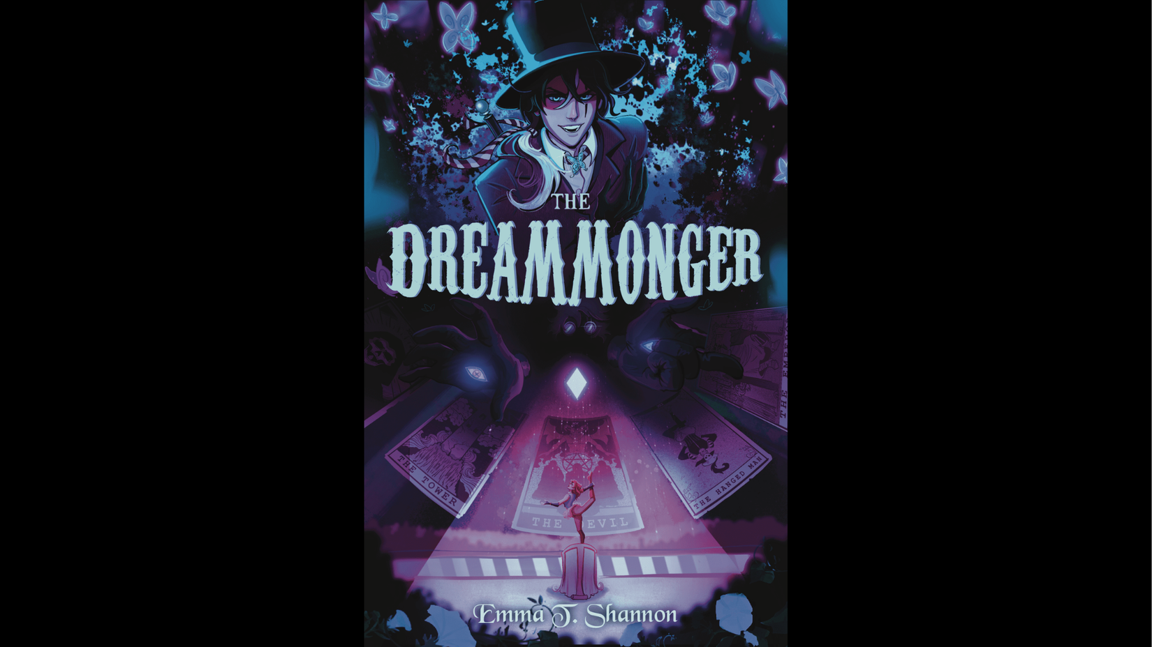 Book cover for 'The Dreamonger' by Emma J. Shannon, featuring a dark fantasy illustration with a top-hatted figure and tarot cards.